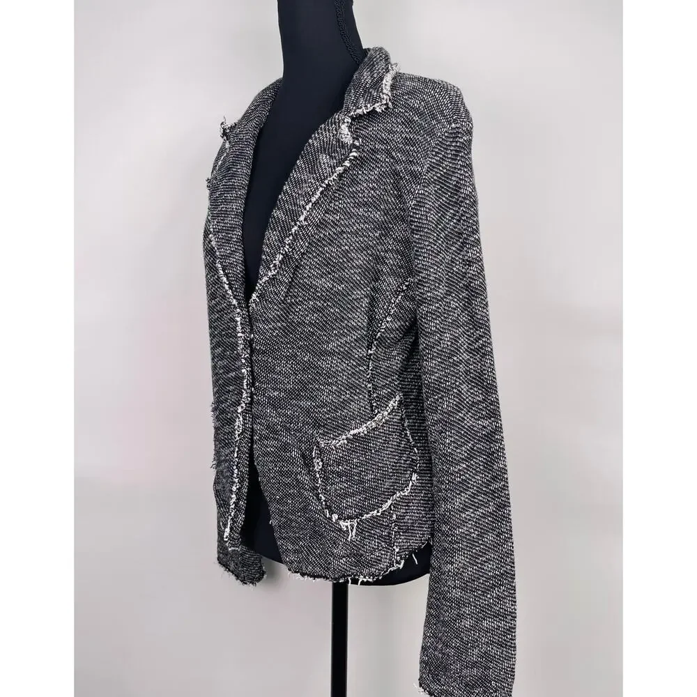 Eileen Fisher Black White Textured Fringe Tweed Blazer Cardigan Size S Petite - Picture 2 of 10